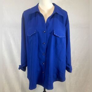 Covington royal blue diamond studded button down blouse top size 24/26W